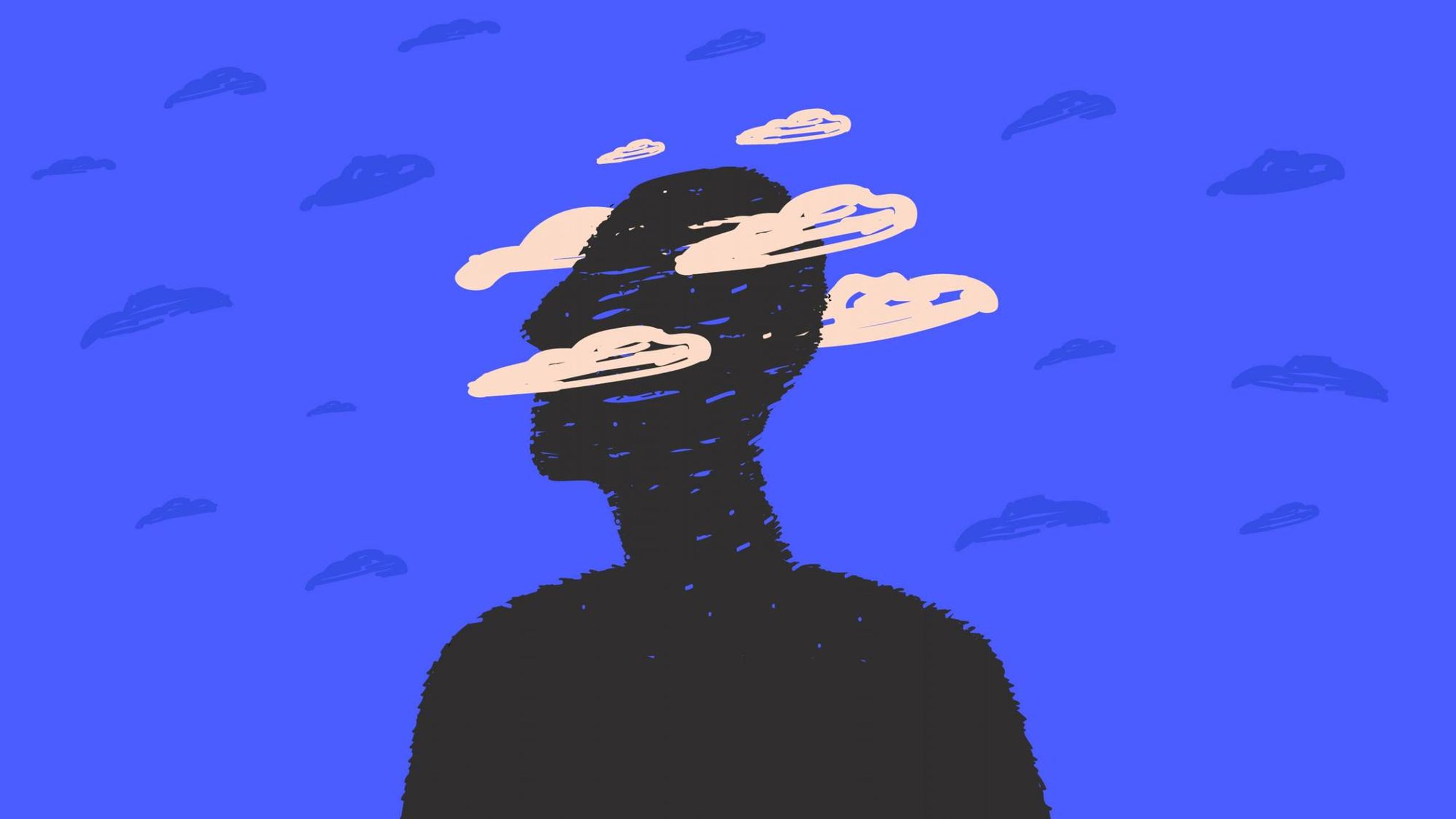 An illustration of a person's silhouette with clouds over their head. Next Avenue, virtual dementia tour