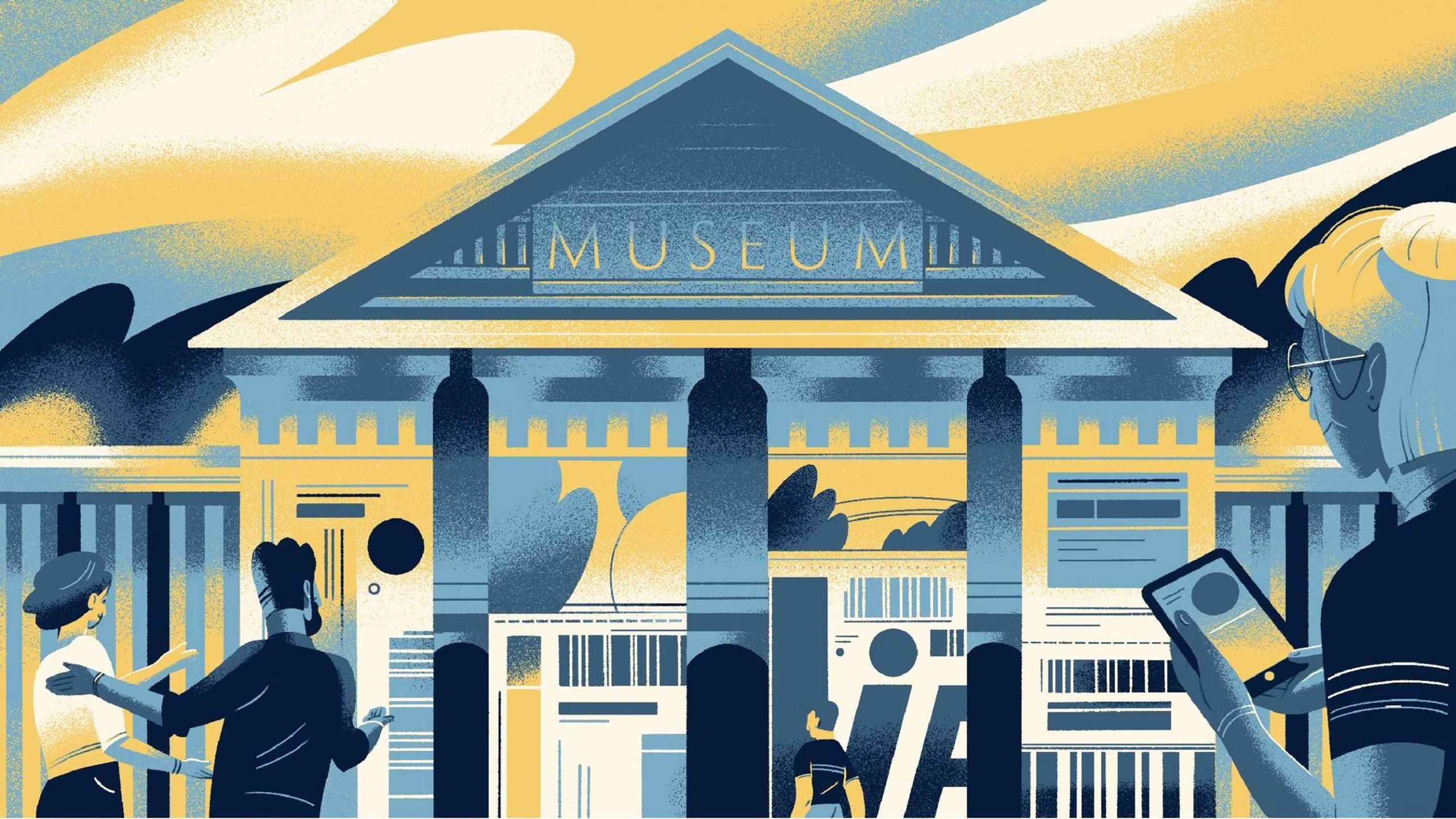 An illustration of the exterior of a museum.