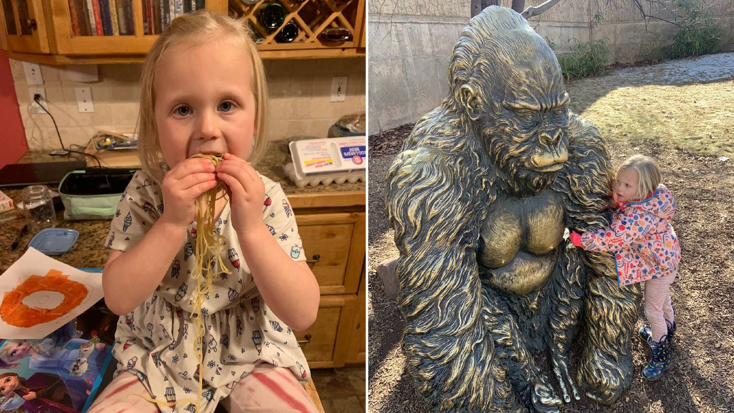 The author's grandchild messily eating spaghetti and hugging a bronze gorilla statue. Next Avenue, grandparenting