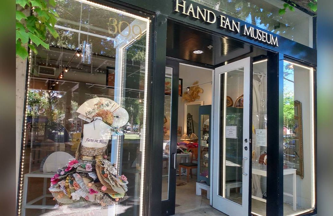 The exterior of the Hand Fan Museum, with colorful window displays. Next Avenue, vintage hand fan collectors