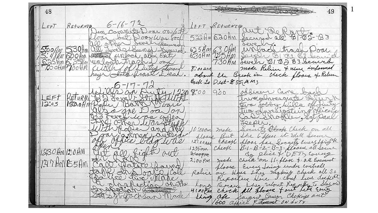 A handwritten log on notebook paper. Next Avenue, watergate anniversary