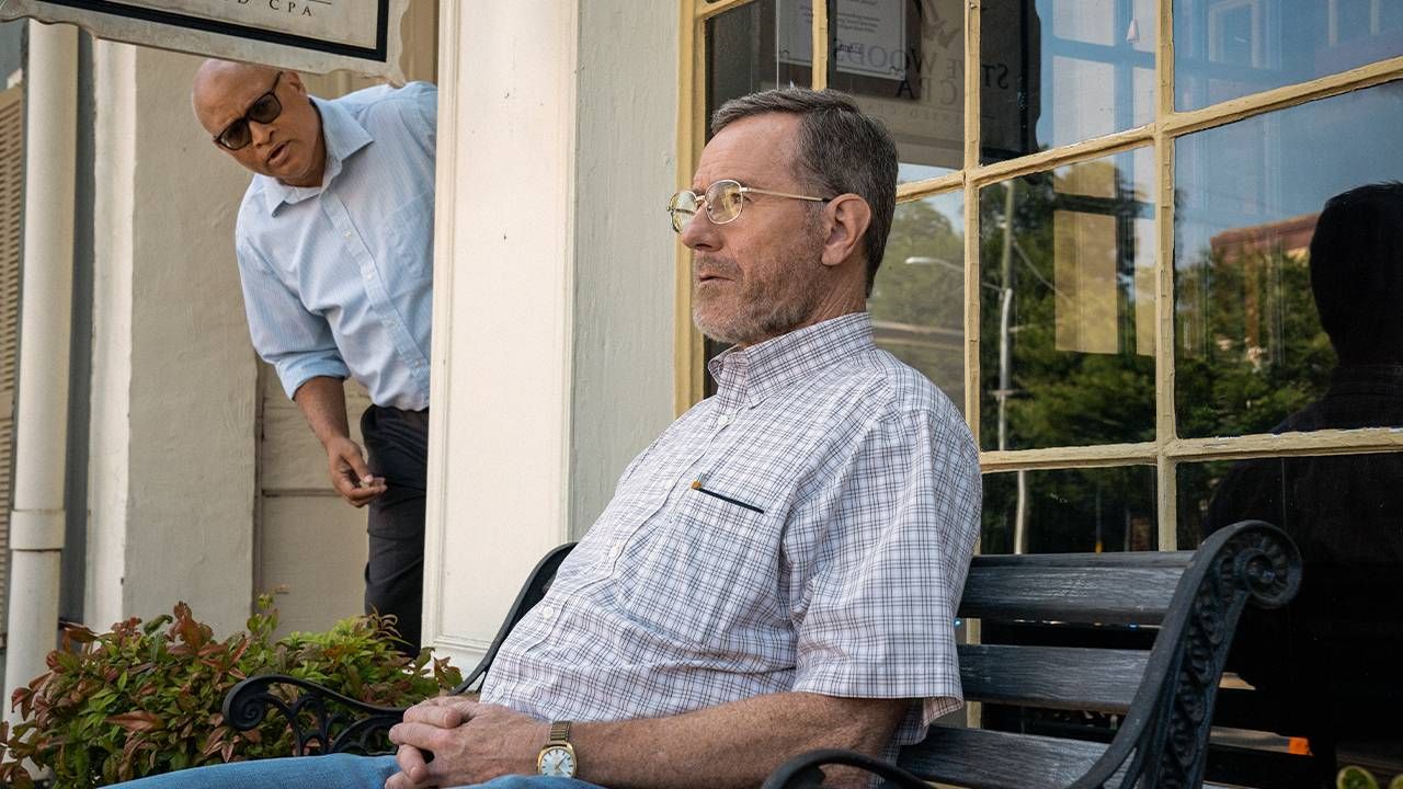 A still with two actors outside. Next Avenue, Bryan Cranston, Jerry and Marge Go Large, ageism in entertainment
