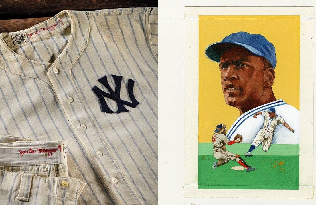 A vintage New York Yankees striped jersey and a vintage Jackie Robinson postage stamp. Next Avenue, baseball history, national postal museum