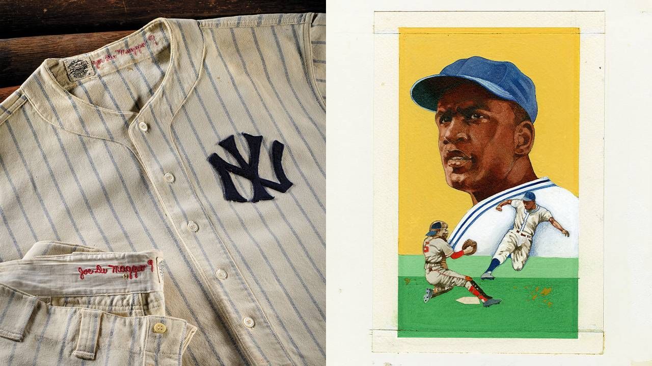 A vintage New York Yankees striped jersey and a vintage Jackie Robinson postage stamp. Next Avenue, baseball history, national postal museum