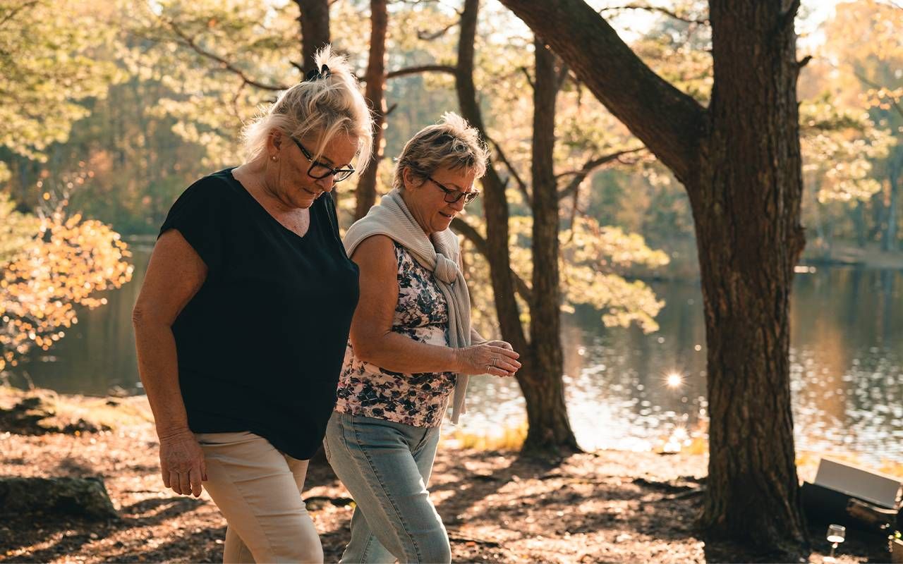 Two older adults taking a walk in the woods. Next Avenue, facing suicide, older adults