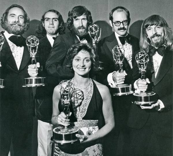 Fran Brill with Jim Henson and her Sesame Street cast members at the 1974 Emmy Awards