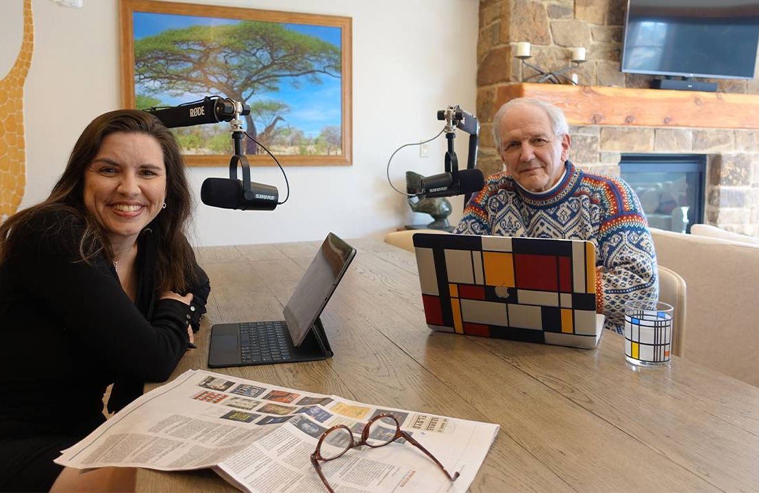 Charlie and Kate Gibson sitting at a table at home recording their Bookcase podcast. Next Avenue, good morning america, gma