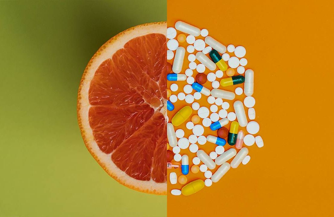 A photo collage of a grapefruit with various prescription medications. Next Avenue, Food medication interactions 19th edition