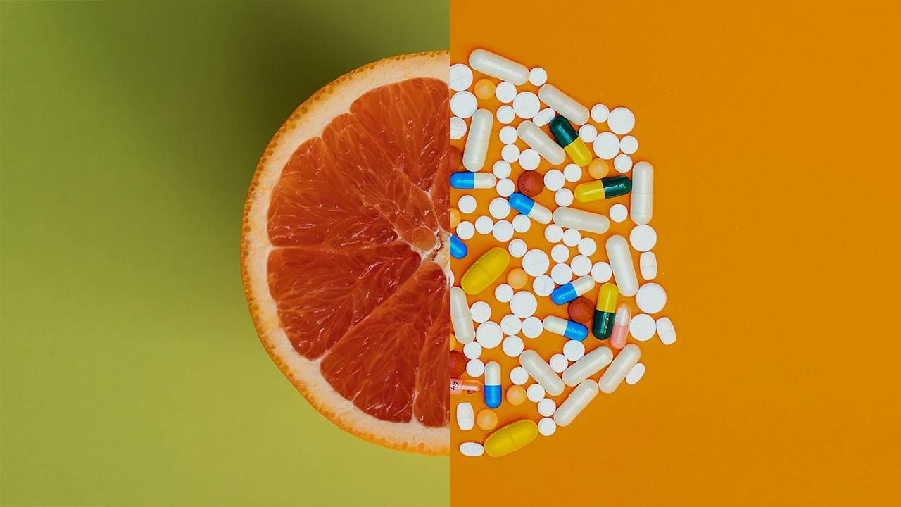 A photo collage of a grapefruit with various prescription medications. Next Avenue, Food medication interactions 19th edition
