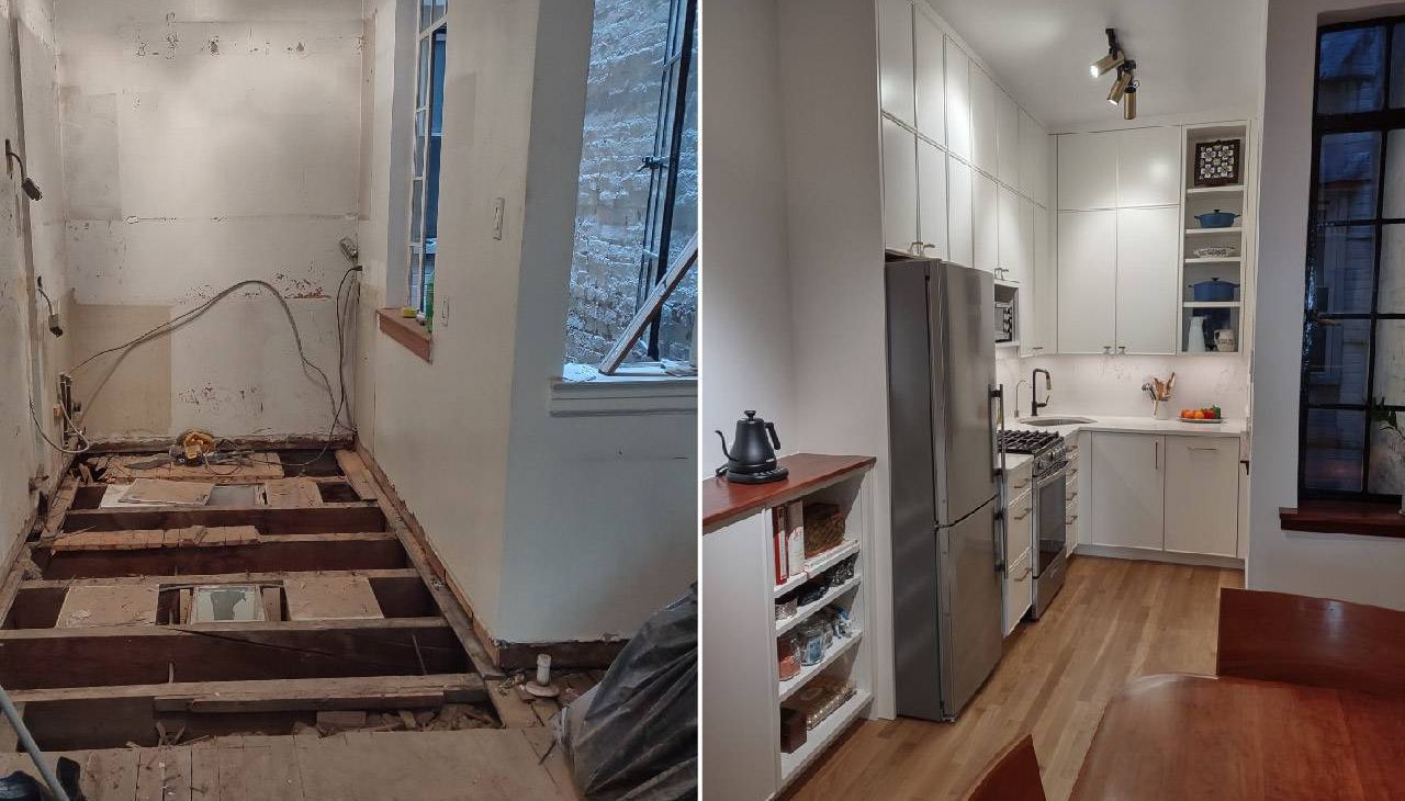 Side-by-side photos of a fully demo-ed kitchen and a brand new updated kitchen. Next Avenue, PBS, kitchen renovation