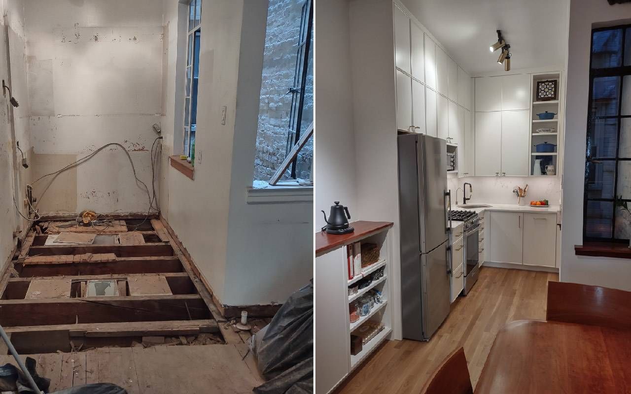 Side-by-side photos of a fully demo-ed kitchen and a brand new updated kitchen. Next Avenue, PBS, kitchen renovation