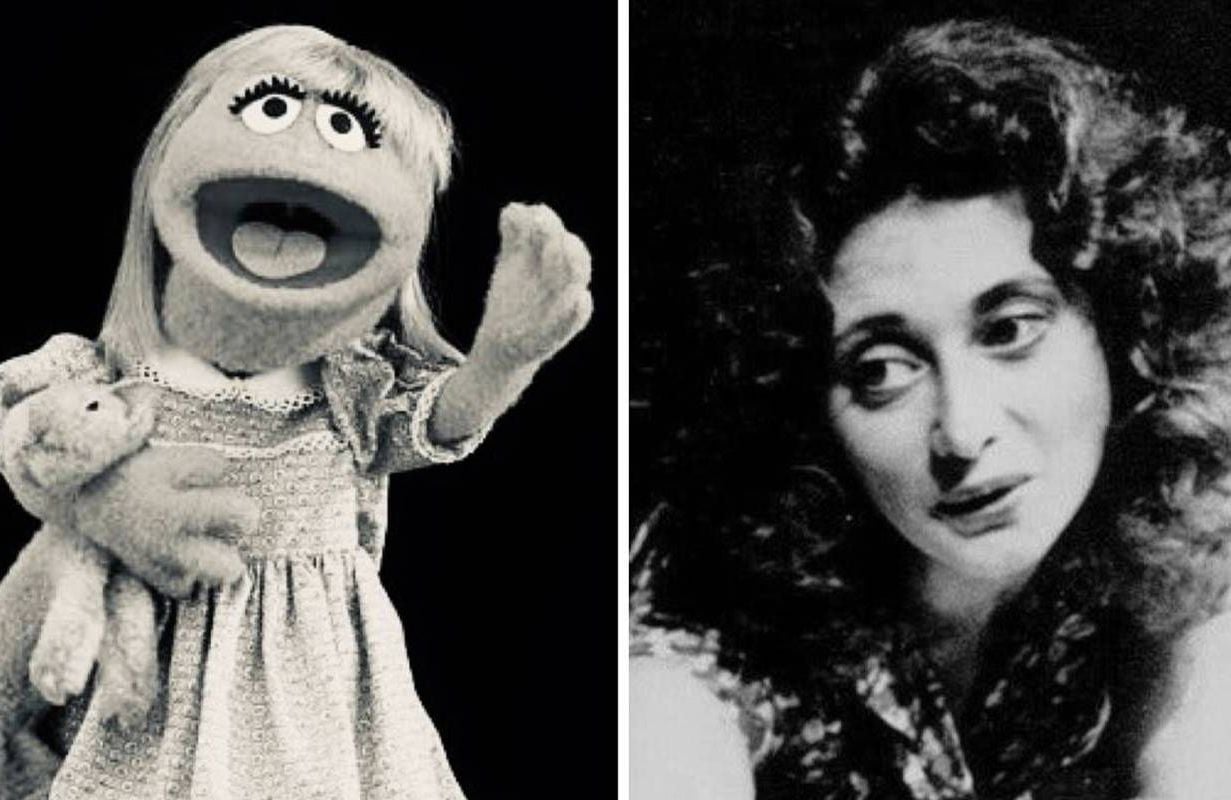 A photo collage of Prairie Dawn and her puppeteer Fran Brill. Next Avenue, PBS