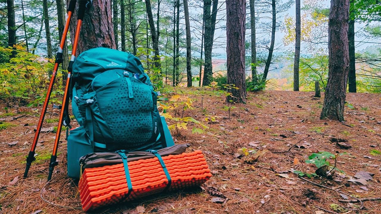 A backpacking backpack, sleeping pad and walking sticks against a forest background. Next Avenue, how to start backpacking, older adults