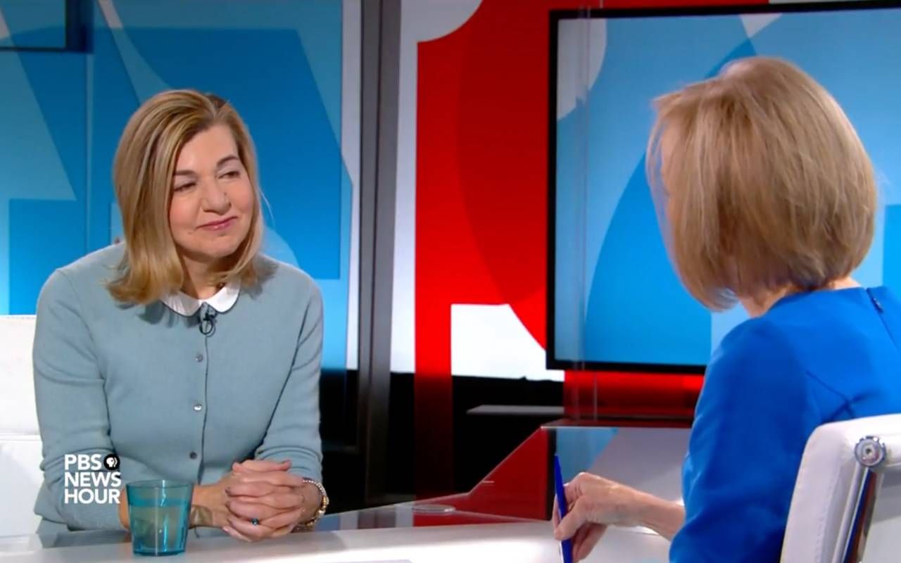 A woman at the anchor desk next to Judy Woodruff. Next Avenue, Margaret Sullivan, Newsroom Confidential