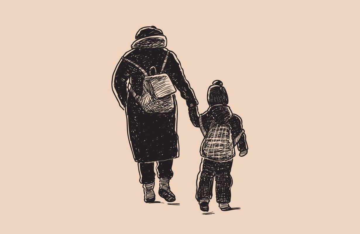 An illustration of a grandmother walking with her grandson. Next Avenue,