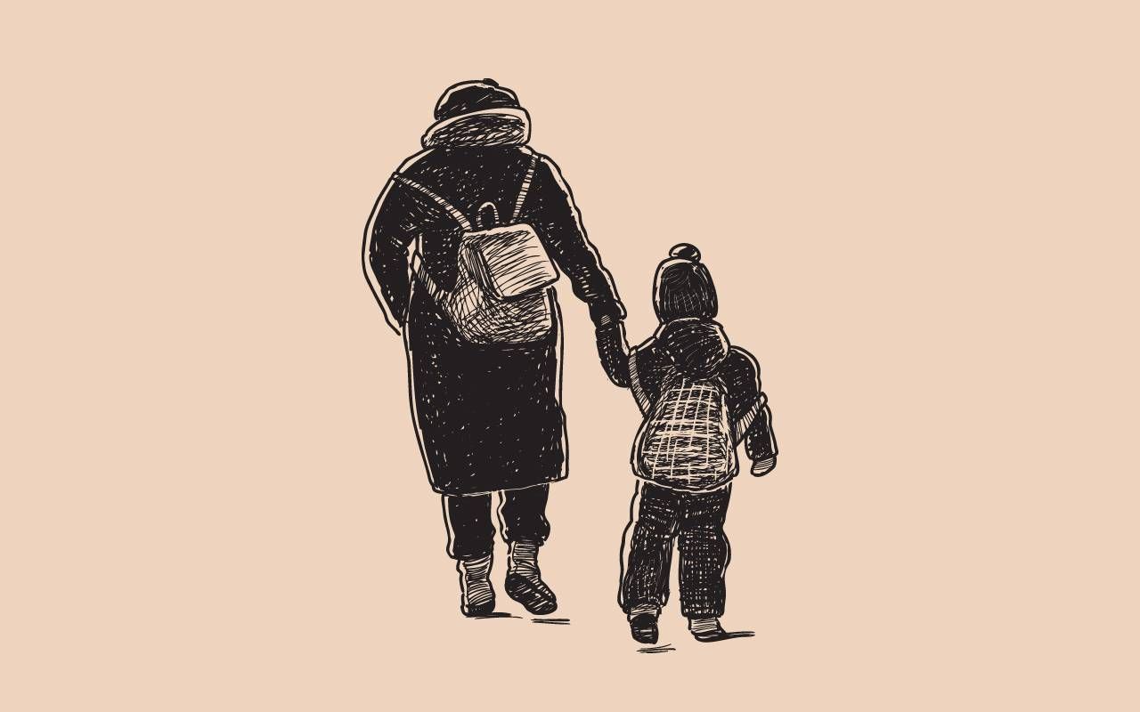 An illustration of a grandmother walking with her grandson. Next Avenue,