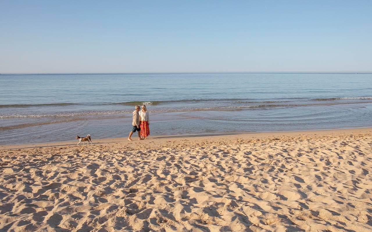 Two people walking their dog on the beach. Next Avenue, How to become a snowbird