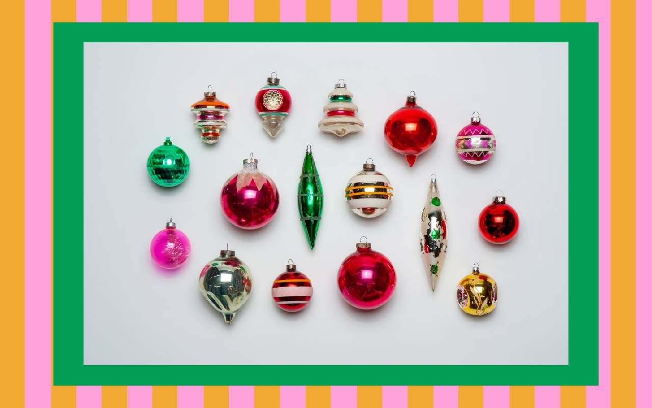 A color graphic with a photo of vintage christmas ornaments. Next Avenue, stories