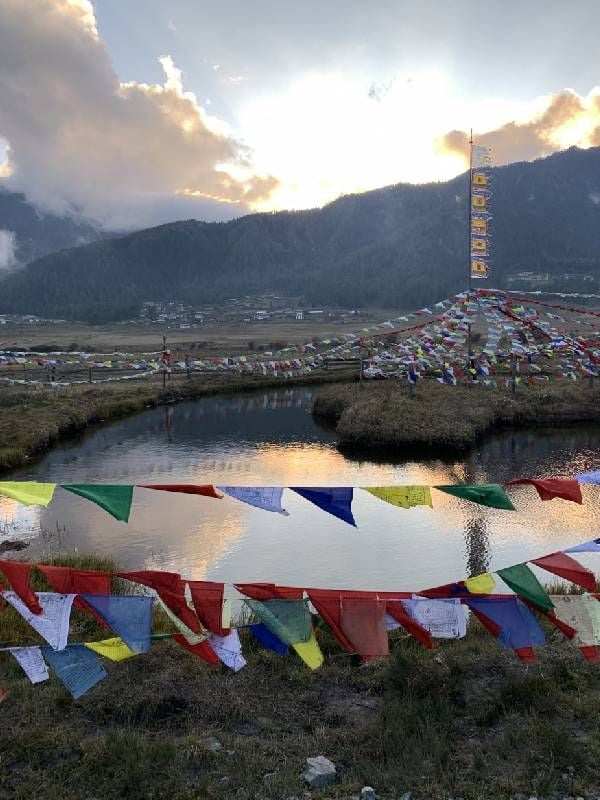 Prayer flags with mountains in the background. Next Avenue, travel, Bhutan, black-neck crane festival,