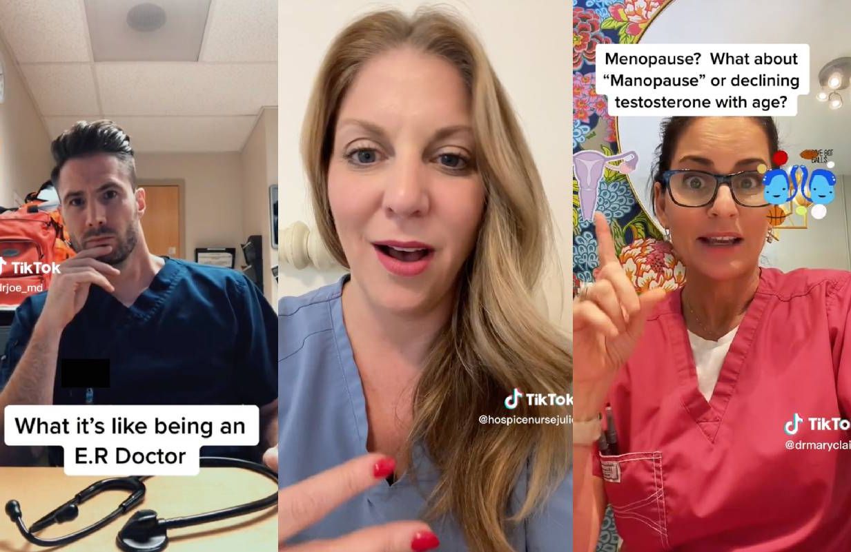 Three side-by-side screenshots. Next Avenue, medical professionals on tiktok