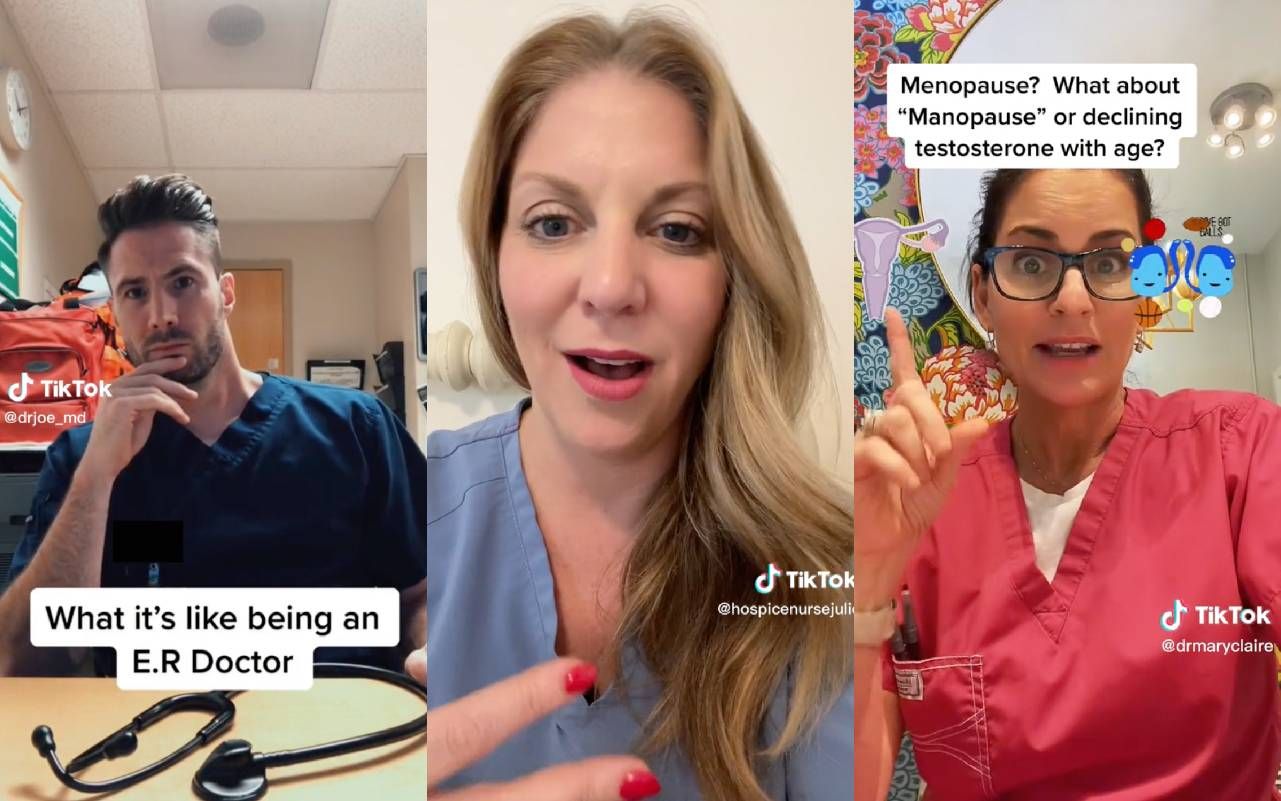 Three side-by-side screenshots. Next Avenue, medical professionals on tiktok