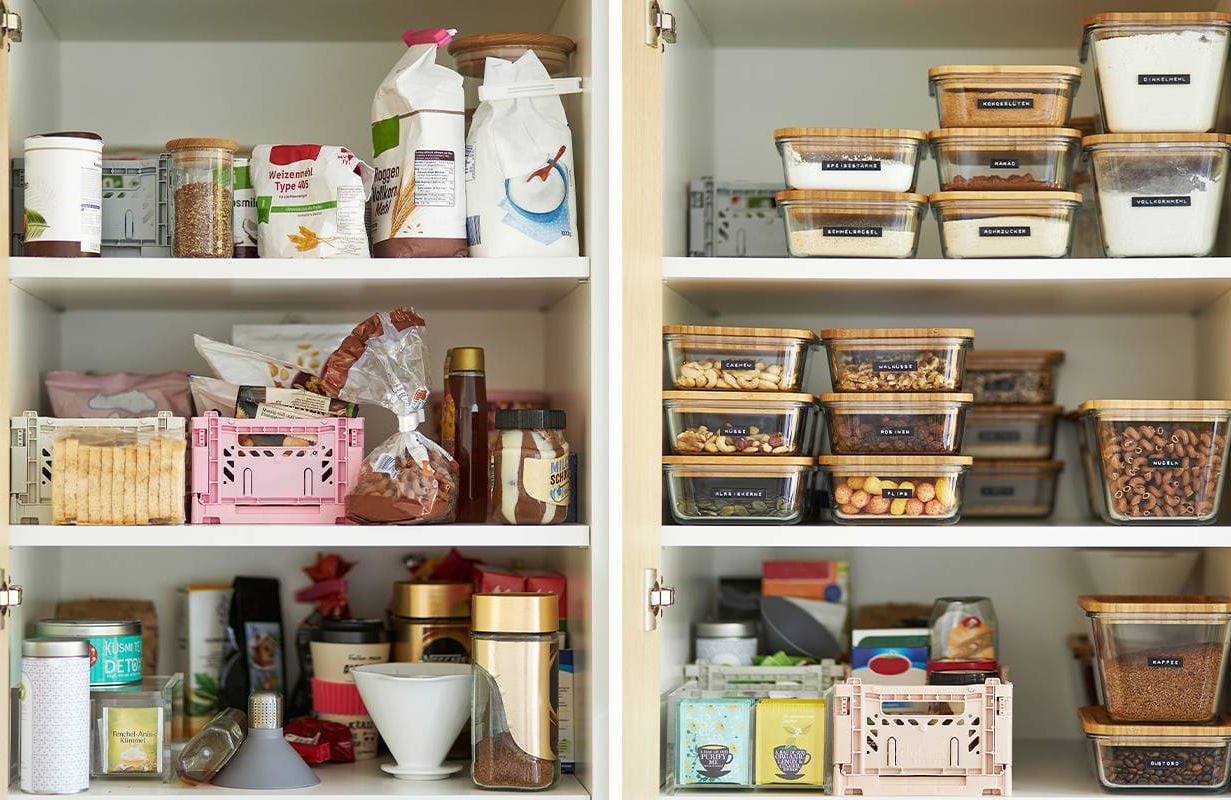 A before and after photo of a kitchen cabinet. Next Avenue, organizing home, stuff