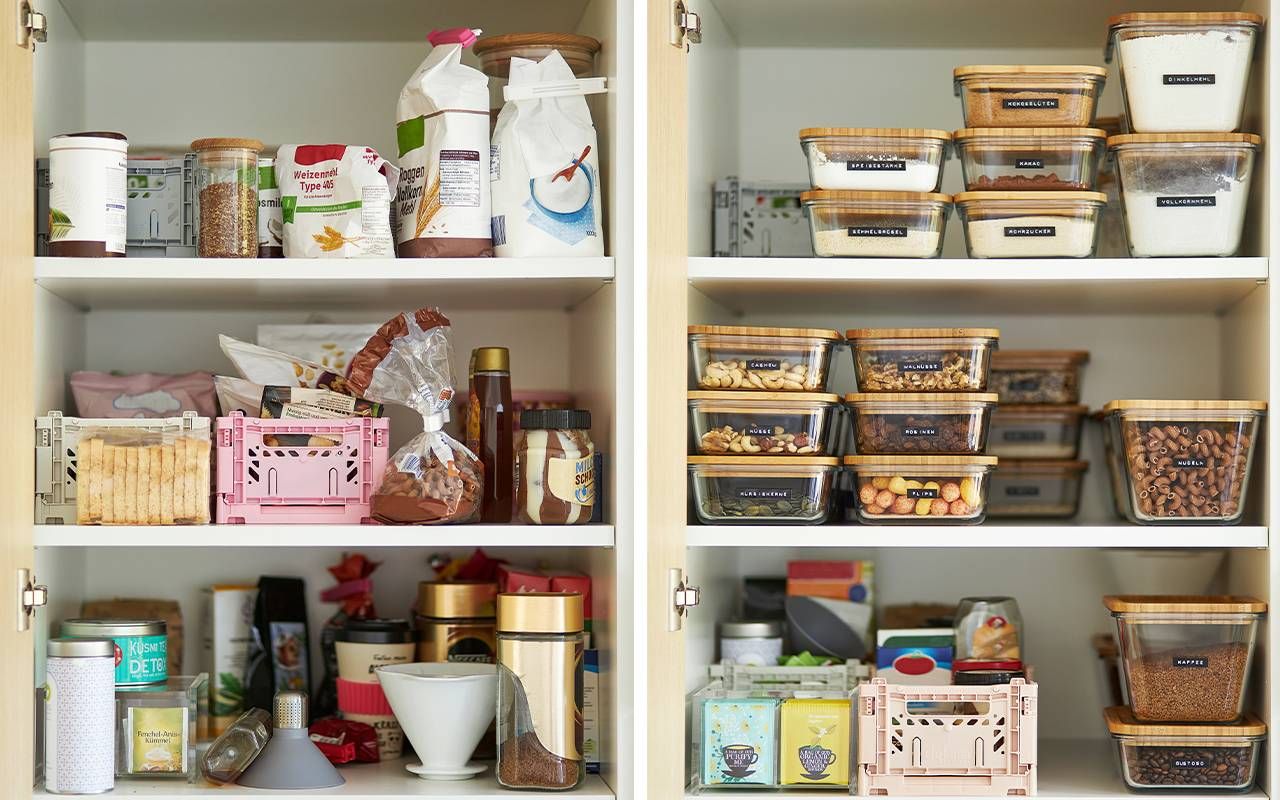 A before and after photo of a kitchen cabinet. Next Avenue, organizing home, stuff