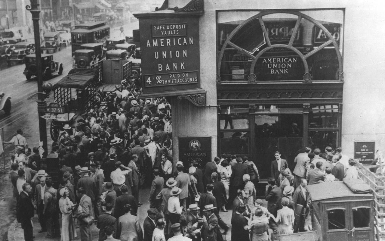 A black and white photo from the great depression. Next Avenue, bank run