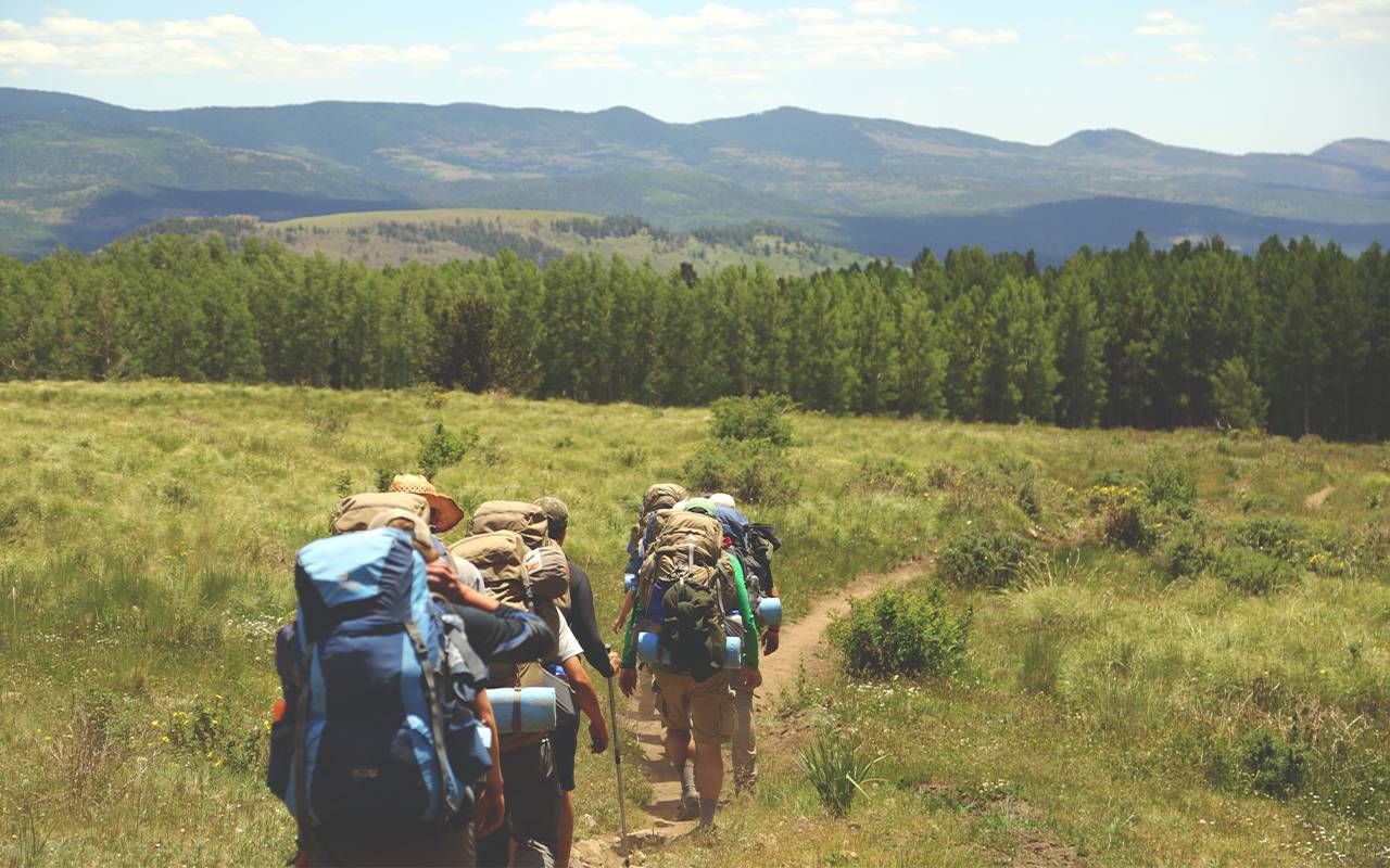 A group of backpackers walking on a hiking trail. Next Avenue