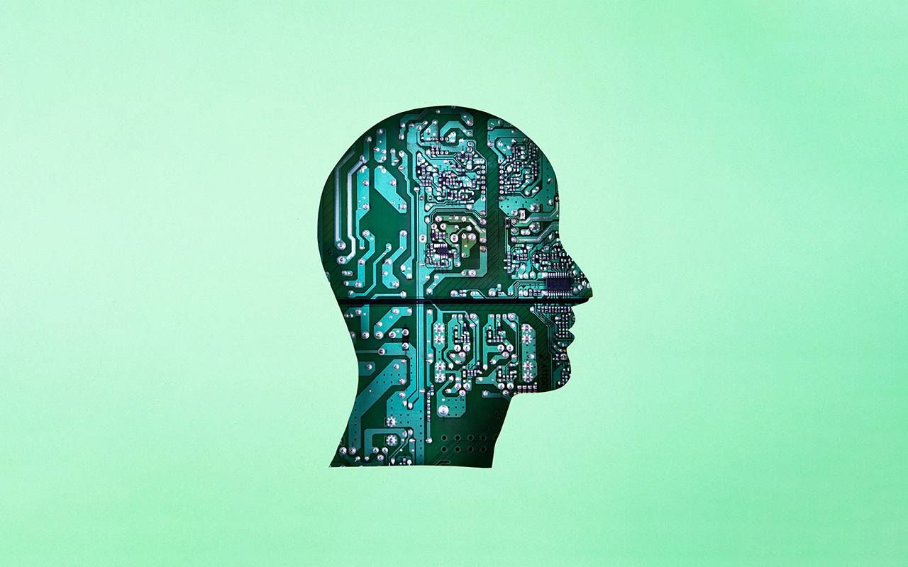 An illustration of a human head and a motherboard. Next Avenue, tedtalk, neural implant, Moran Cerf