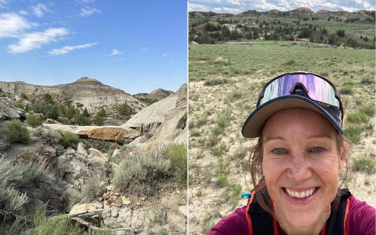 A photo collage of a woman's selfie, a close up of mountain spikes, and a natural stone bridge. Next Avenue, camping solo