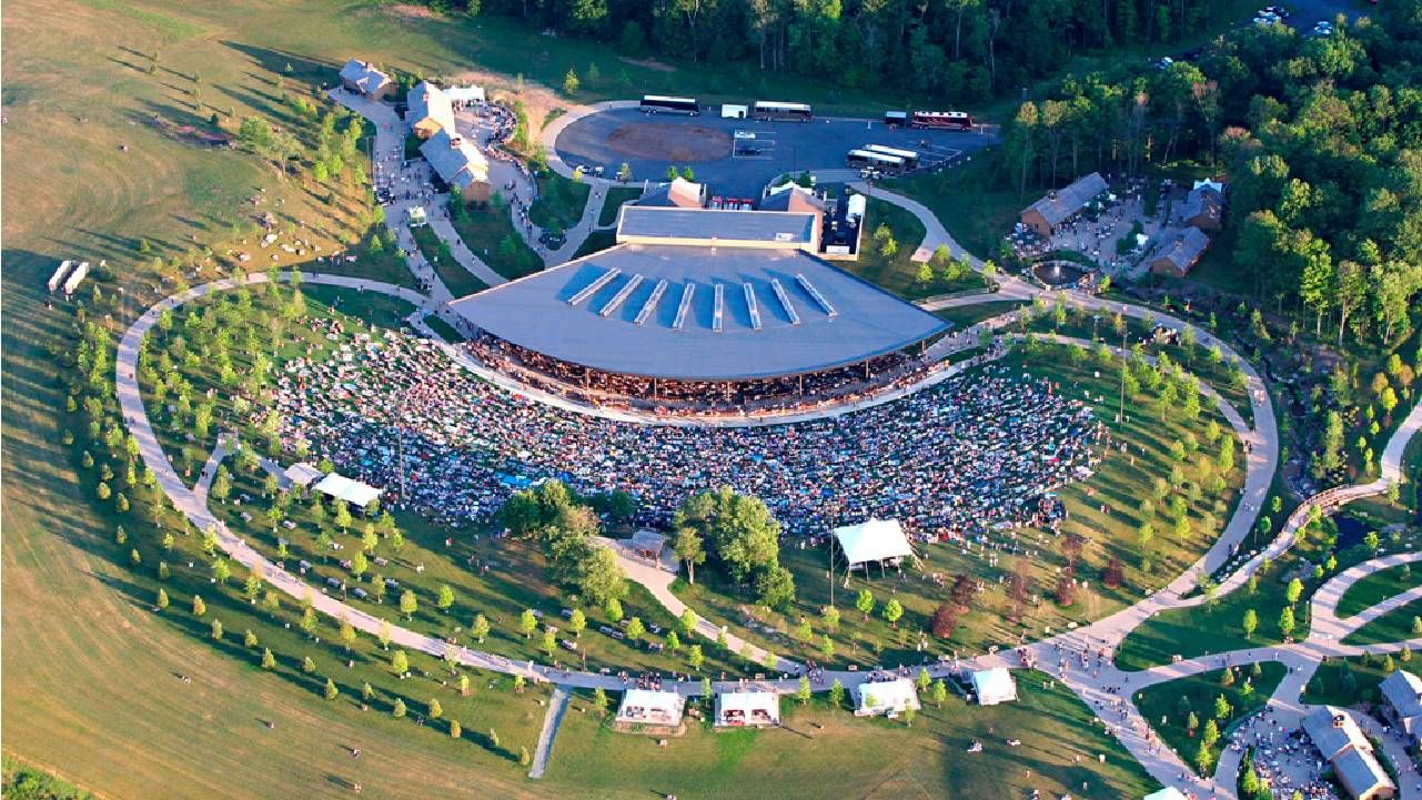 Aerial view of a large modern amphitheater. Next Avenue, woodstock
