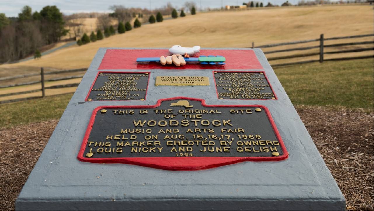 A monument marking the site of woodstock in 1969. Next Avenue, woodstock