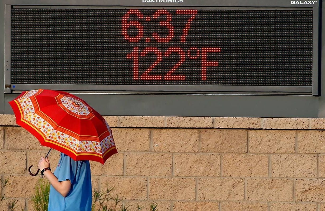 A person with an umbrella walking underneath a sign that is displaying the temperature. Next Avenue, retirement, arizona