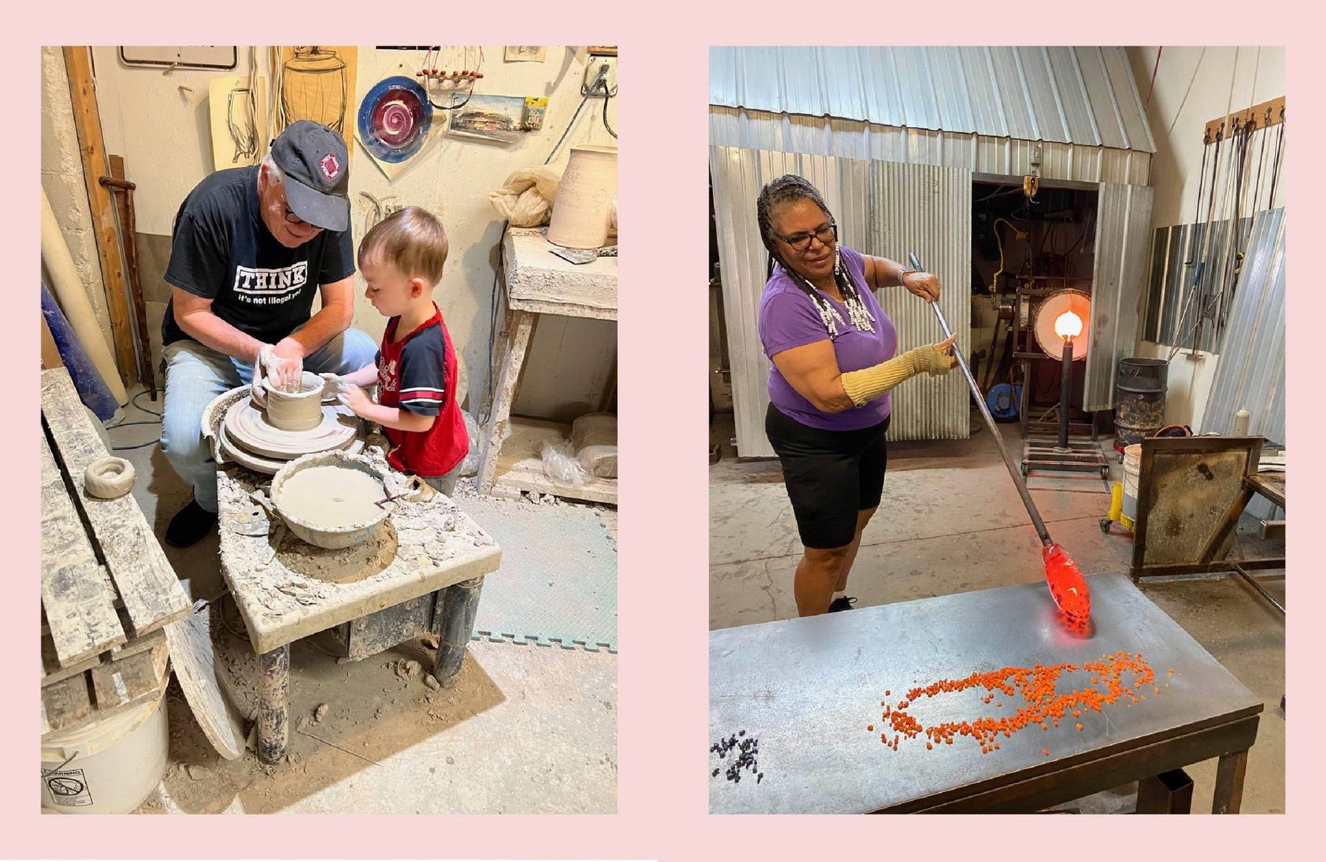 A photo collage of a man doing pottery with a toddler and a woman working on a glass blowing project. Next Avenue