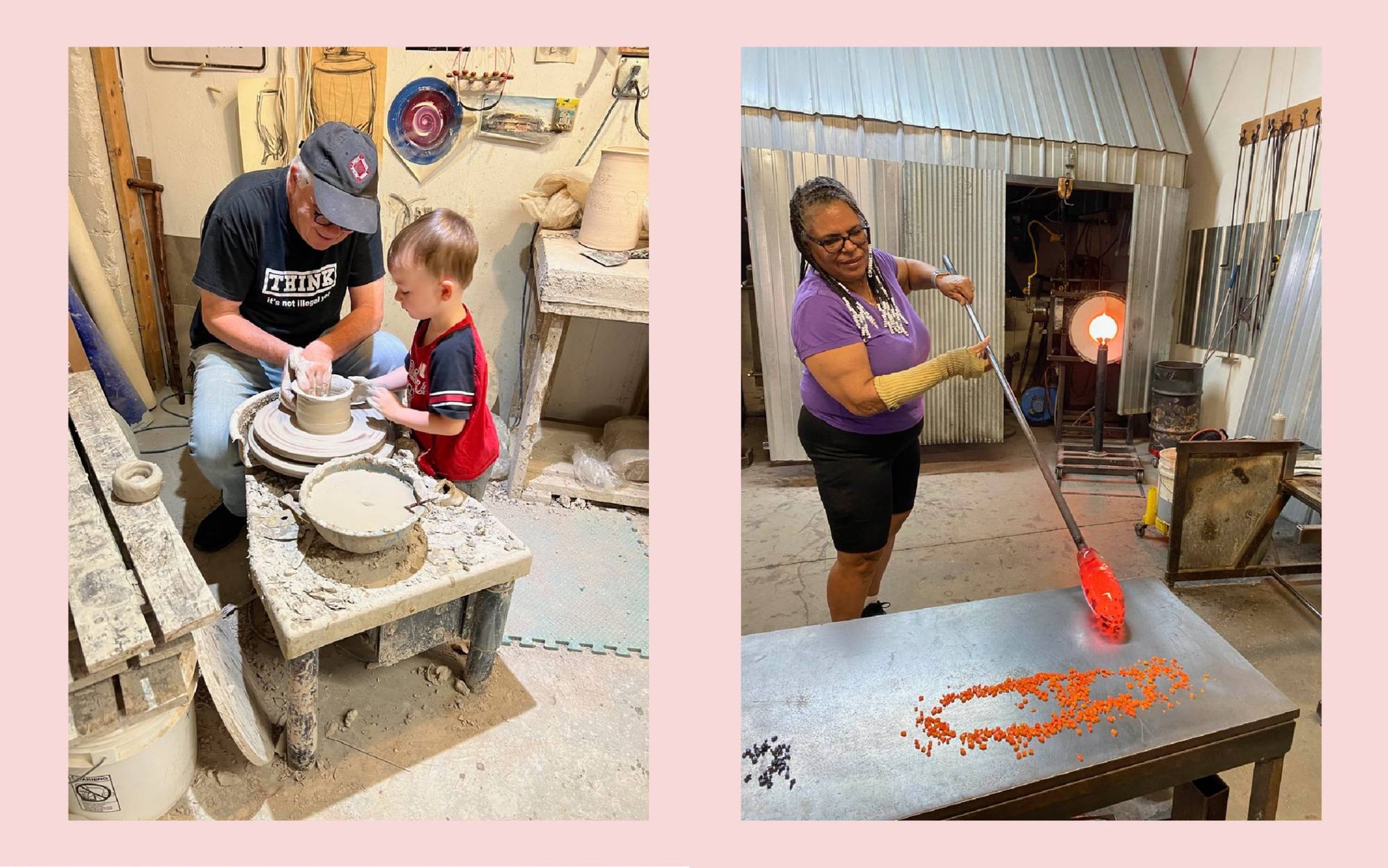 A photo collage of a man doing pottery with a toddler and a woman working on a glass blowing project. Next Avenue
