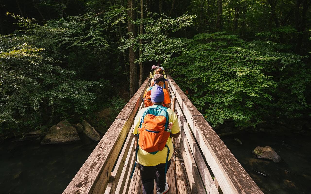 A group of older adults crossing a skinny bridge in a forest. Next Avenue