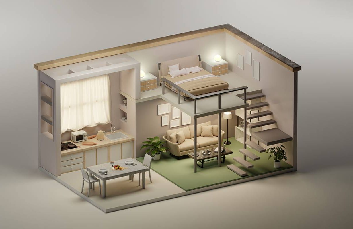 A 3d render of a tiny apartment's interior. Next Avenue, empty nesters, living