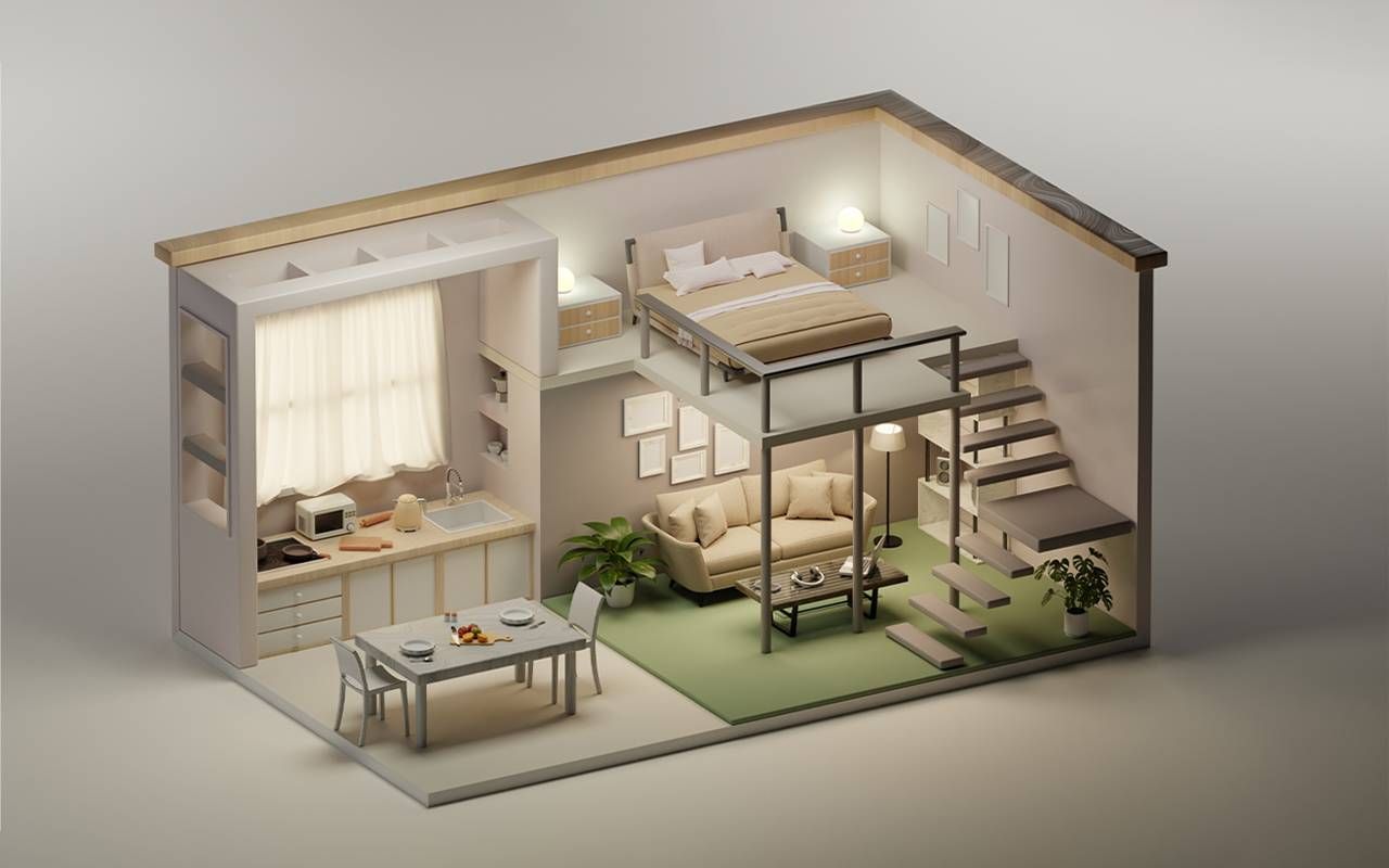 A 3d render of a tiny apartment's interior. Next Avenue, empty nesters, living