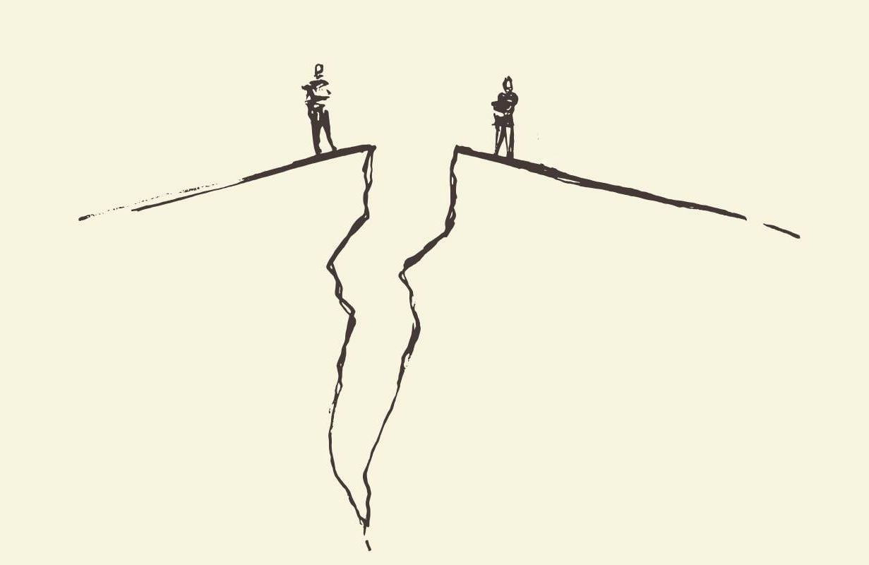 An illustration of two estranged friends standing on opposite sides of a cliff. Next Avenue
