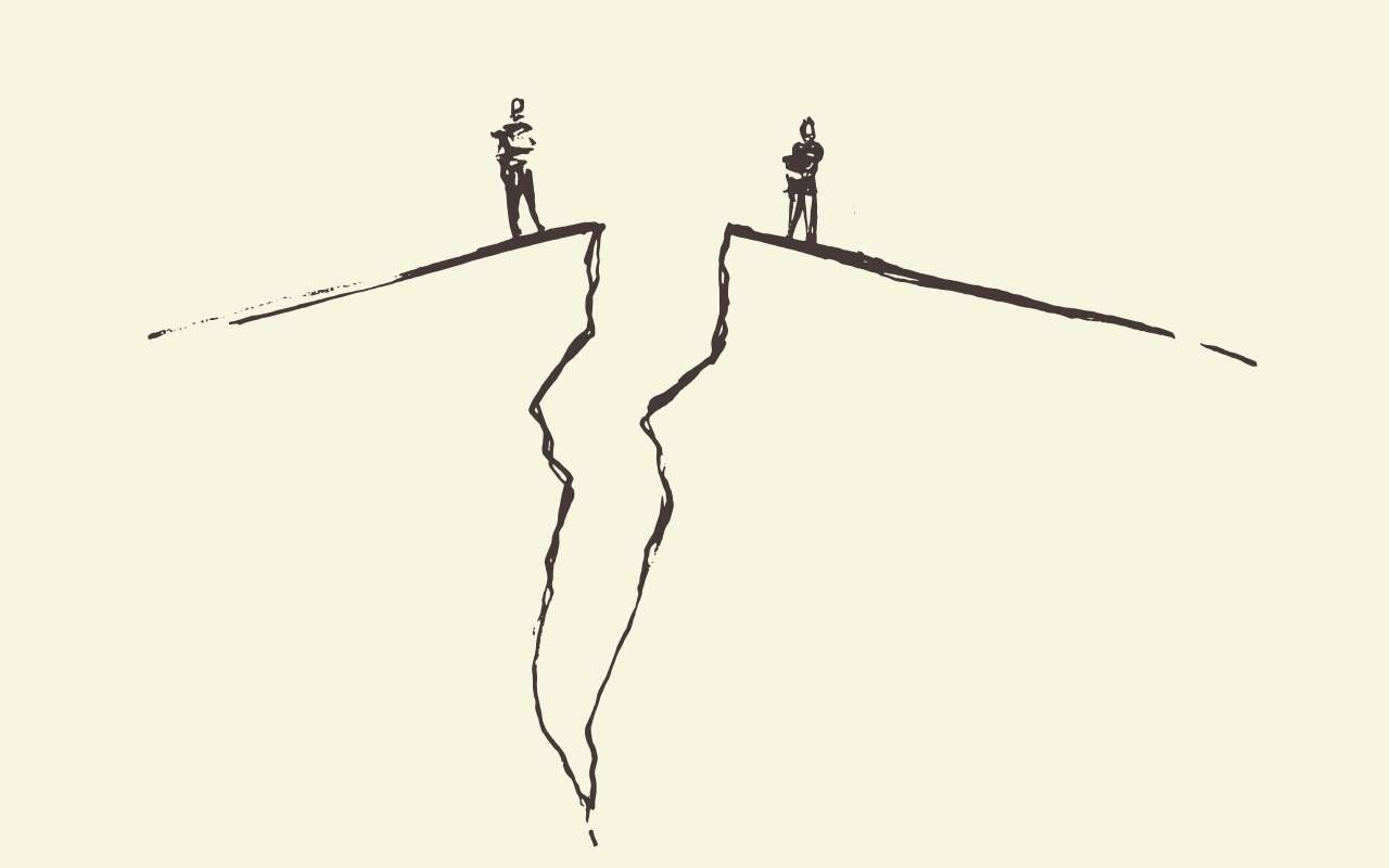 An illustration of two estranged friends standing on opposite sides of a cliff. Next Avenue