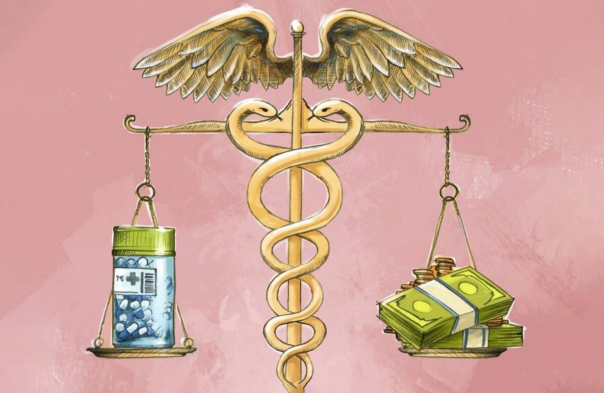 An illustration of a balance with money on one side and medication on the other. Next Avenue, Medicare vs. Medicare Advantage