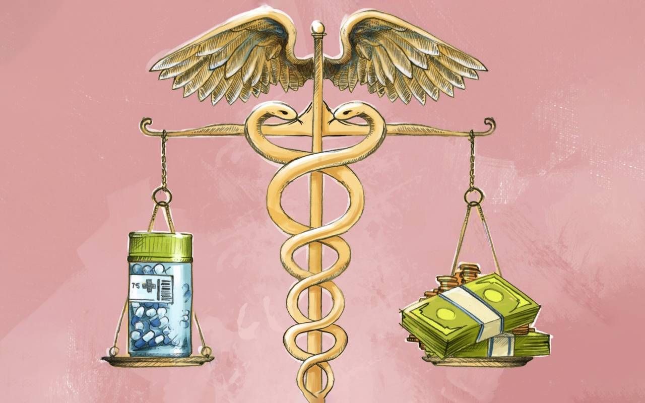 An illustration of a balance with money on one side and medication on the other. Next Avenue, Medicare vs. Medicare Advantage