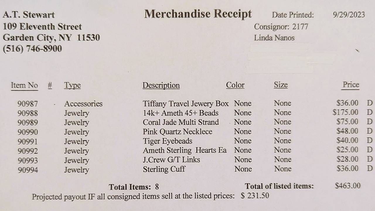 A receipt with prices listed for the jewelry if it sells. Next Avenue