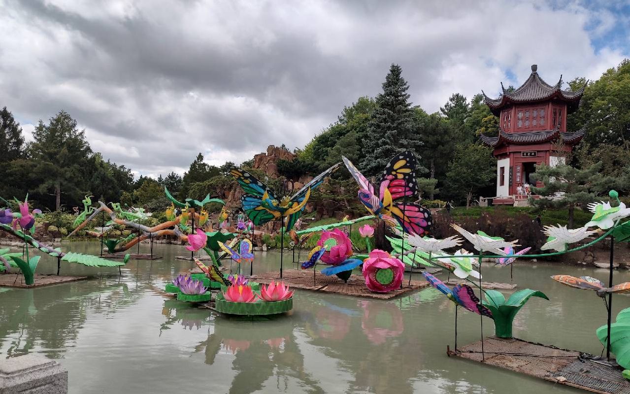 Large colorful sculptures floating in a pond in an outdoor garden-park.