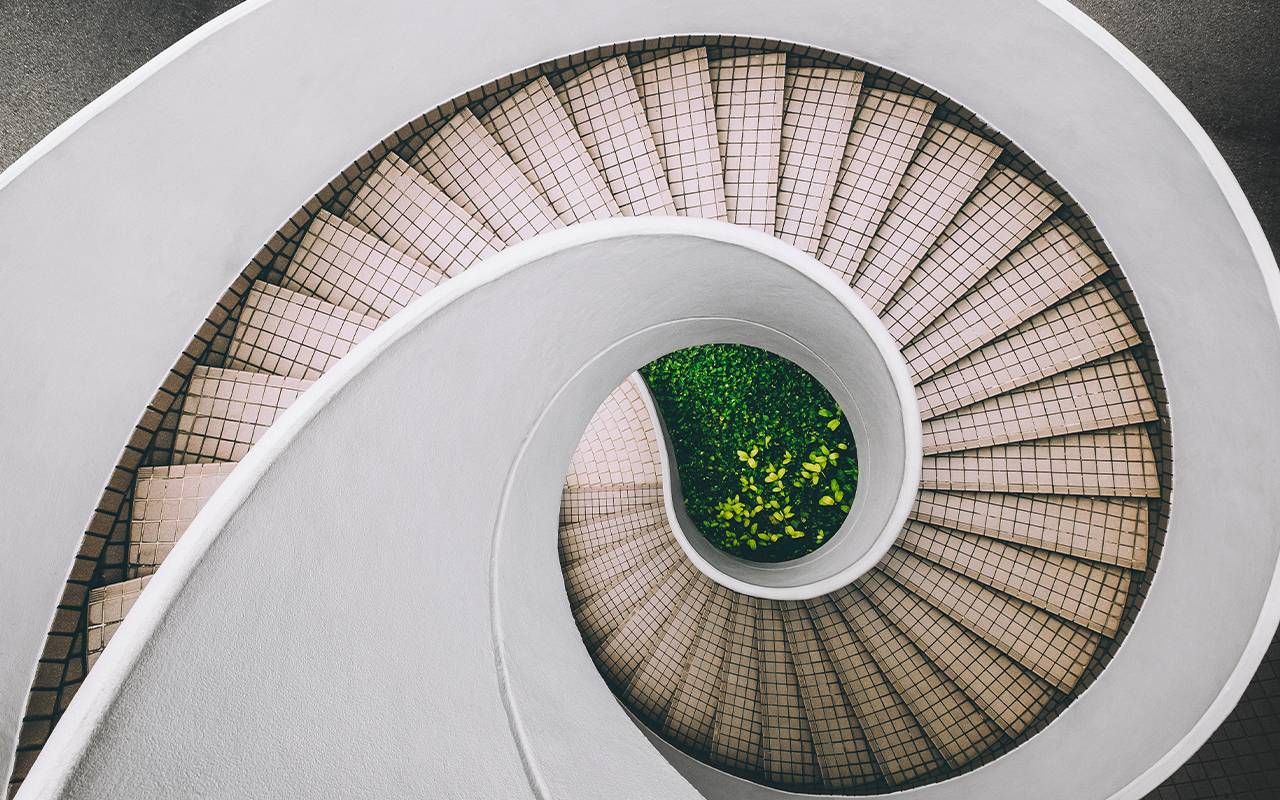 A birds eye view of a spiral staircase. Next Avenu, heart disease, health activities, stair climbing