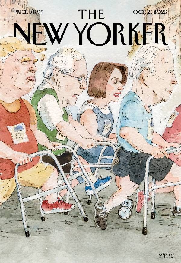 A magazine cover illustration from The New Yorker featuring President Joe Biden, Trump and others. Next Avenue, ageism