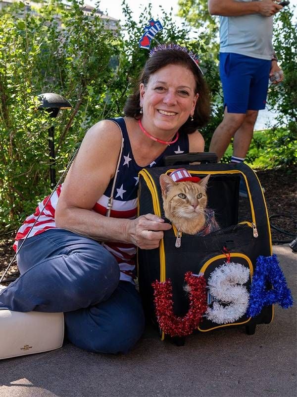 Ancat in a backpack wearing 4th of July decorations. Next Avenue, cat friendly hotels