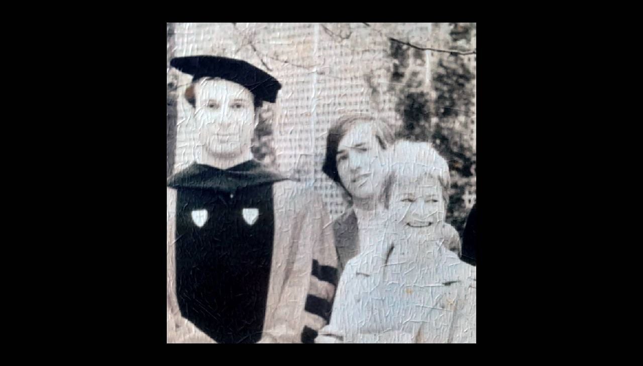 A black and white photo of three people after a graduation. Next Avenue, mental illness, secret