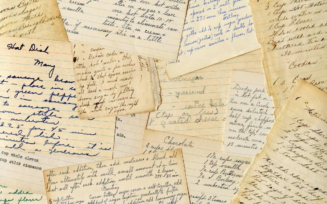Multiple handwritten recipes on paper. Next Avenue, mother's day, mom's recipes